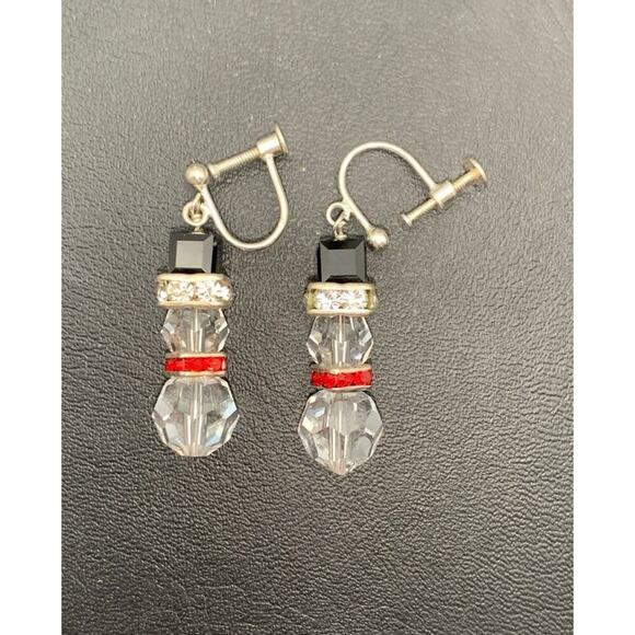 Vintage Faceted Crystal Beads & Rhinestone Snowman Screw Back Earrings - Picture 1 of 3